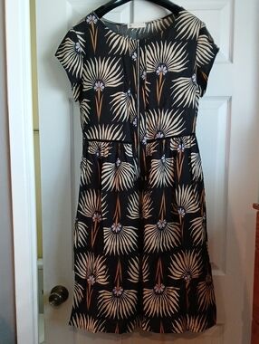 Relished Black Midi Dress with Cream & Tan Botanical Print
